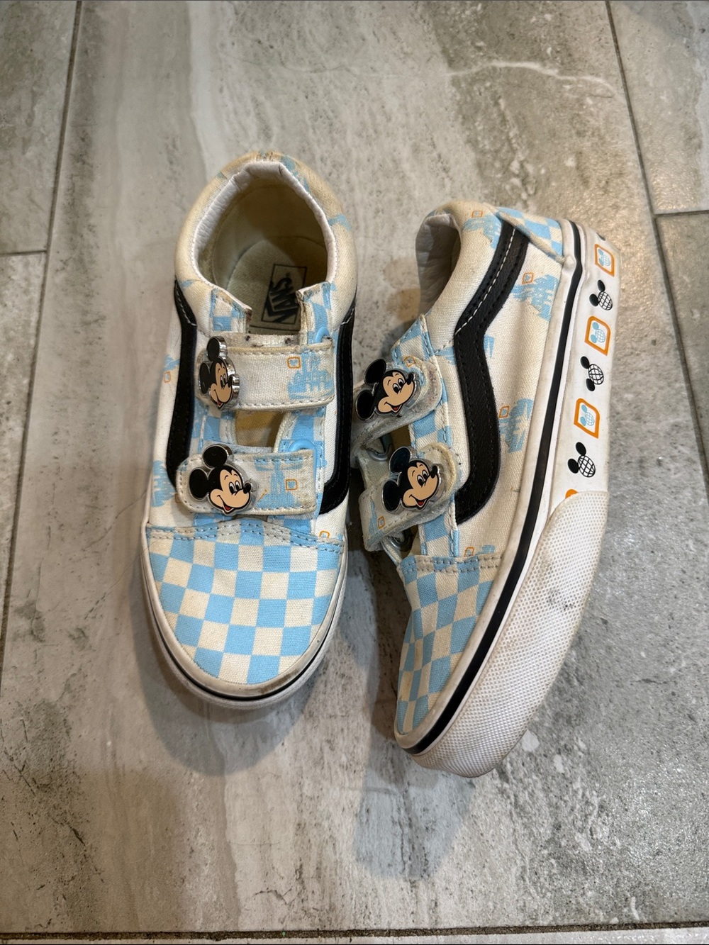 Vans Kids Blue & White Checkerboard Mickey Velcro Skate Shoes